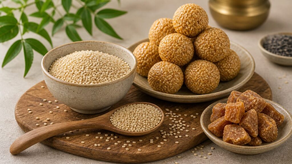 Sesame seeds, sesame balls, and palm jaggery on a wooden board
