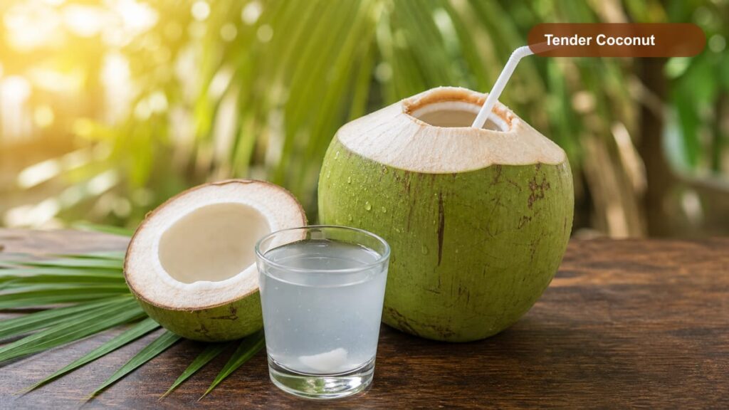 Fresh tender coconut with coconut water in a sunny outdoor setting