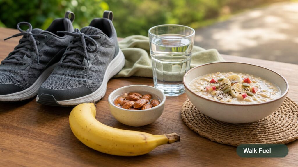 Walking shoes, banana, water, and light breakfast for morning walking