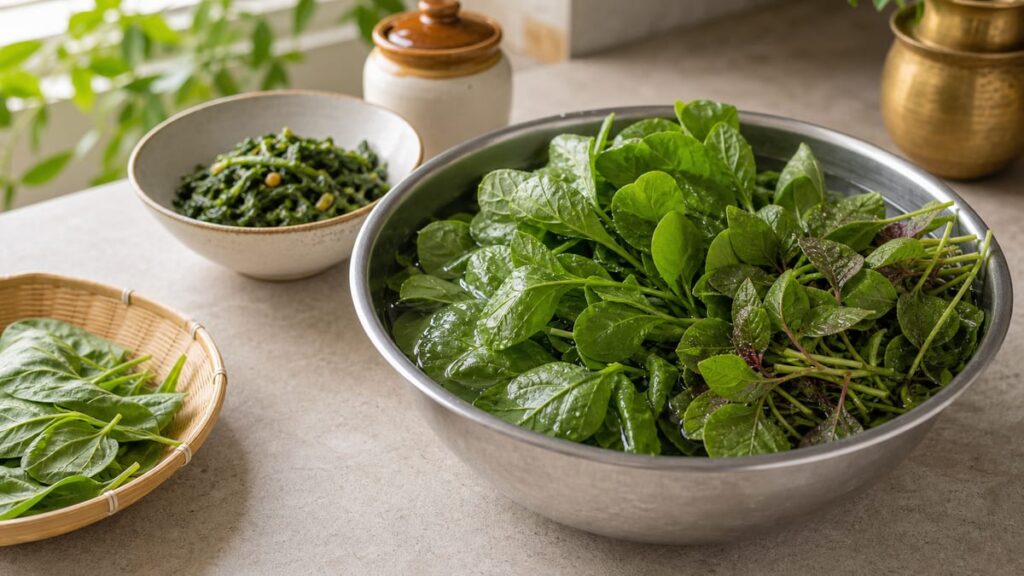 Fresh greens in a steel bowl with water and a clean kitchen background