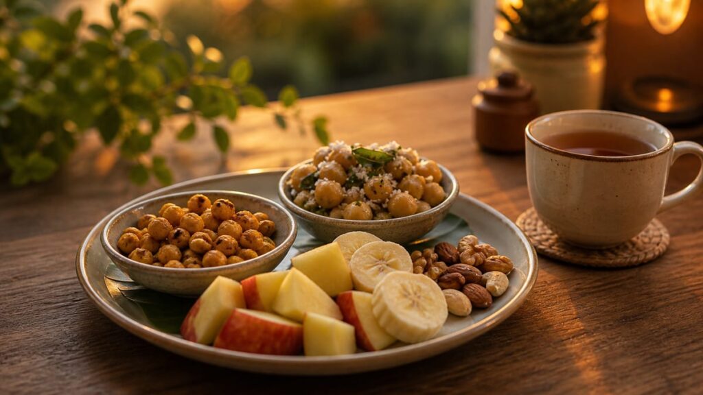 Evening snack plate with fruit, nuts, sundal, and tea