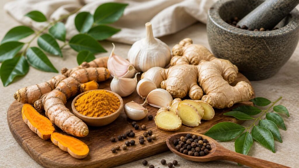Turmeric, ginger, garlic, pepper, and curry leaves arranged on a kitchen surface