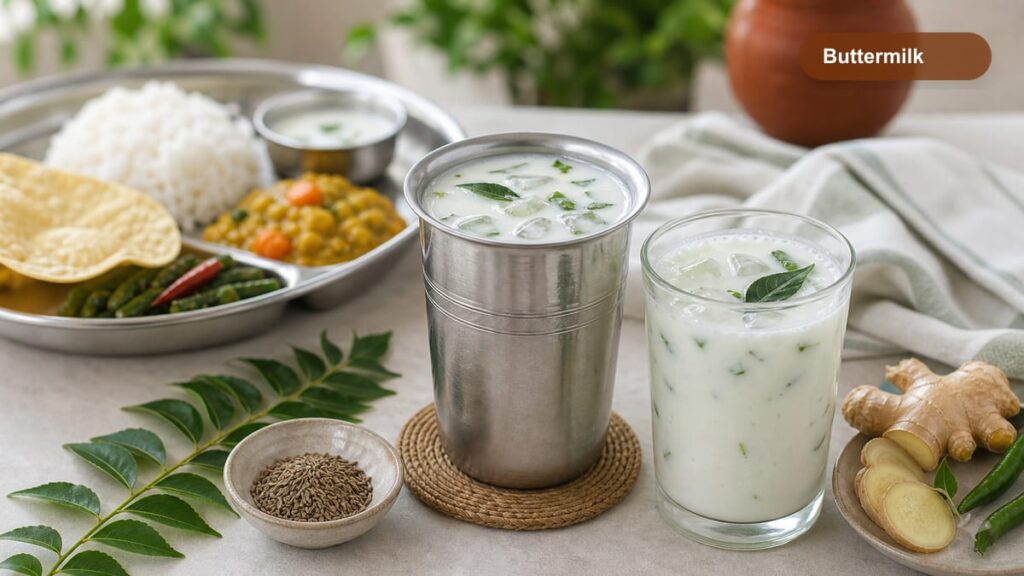 Cold buttermilk in a steel tumbler with curry leaves, ginger, and cumin