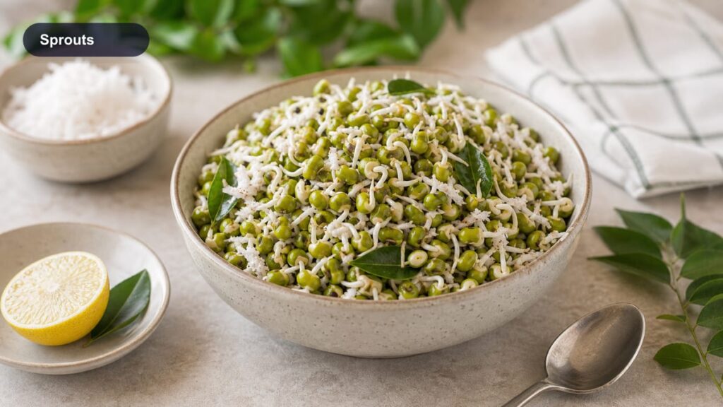 Fresh sprouted green gram in a bowl with lemon and spoon