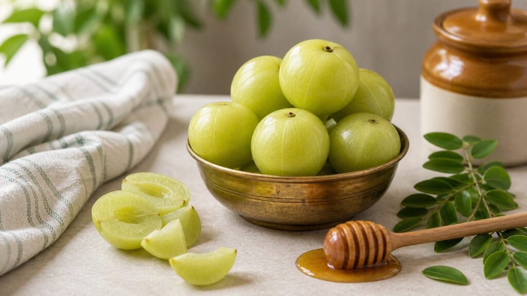Fresh amla fruits in a brass bowl with honey and leaves