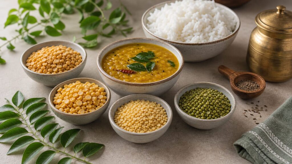 Different lentils and pulses in small bowls beside a simple meal
