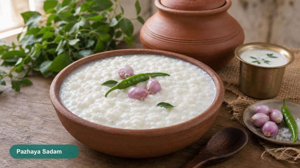 Bowl of fermented rice with buttermilk, small onions, and clay pot