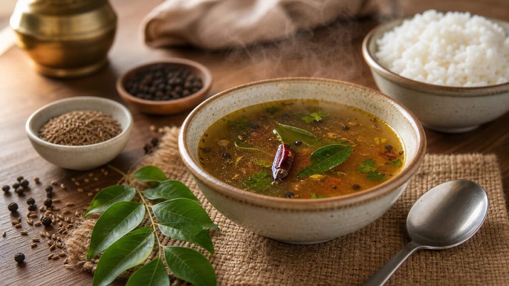 Warm rasam bowl with rice, pepper, curry leaves, and steam