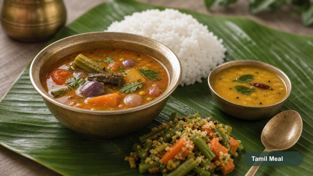 Sambar with rice, vegetables, and greens on a banana leaf
