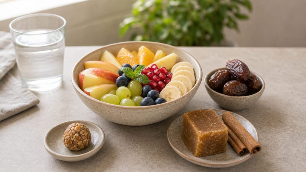 Fruit bowl, dates, jaggery, nuts, and water for reducing sweet cravings