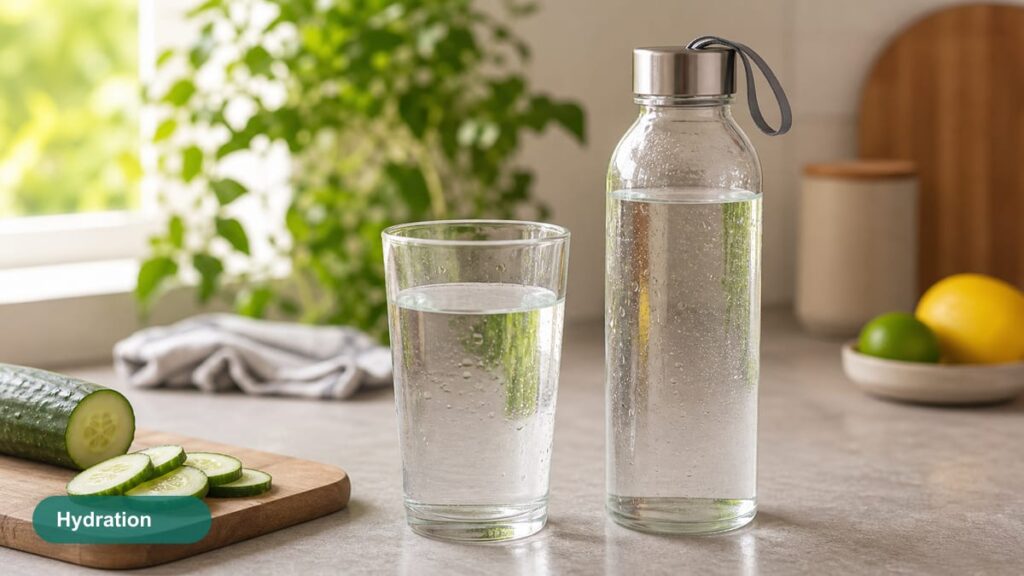 Glass of water with cucumber and a reusable bottle on a bright desk