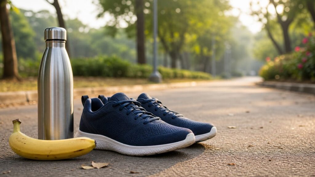 Walking shoes, water bottle, and banana on a morning path