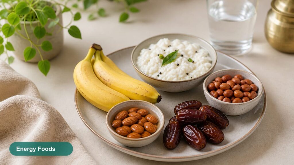 Banana, curd, peanuts, dates, and water for reducing tiredness