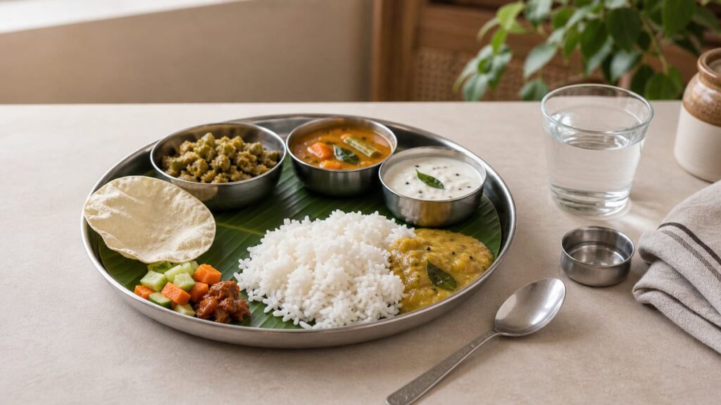 Simple meal plate with rice, vegetables, curd, and water for mindful eating