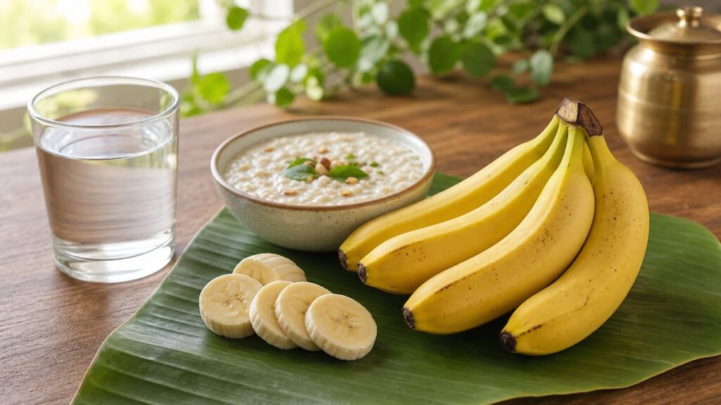 Bananas with water, curd, and a small bowl of sliced banana
