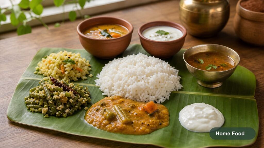 Home cooked rice, dal, greens, curry, curd, and rasam on a banana leaf