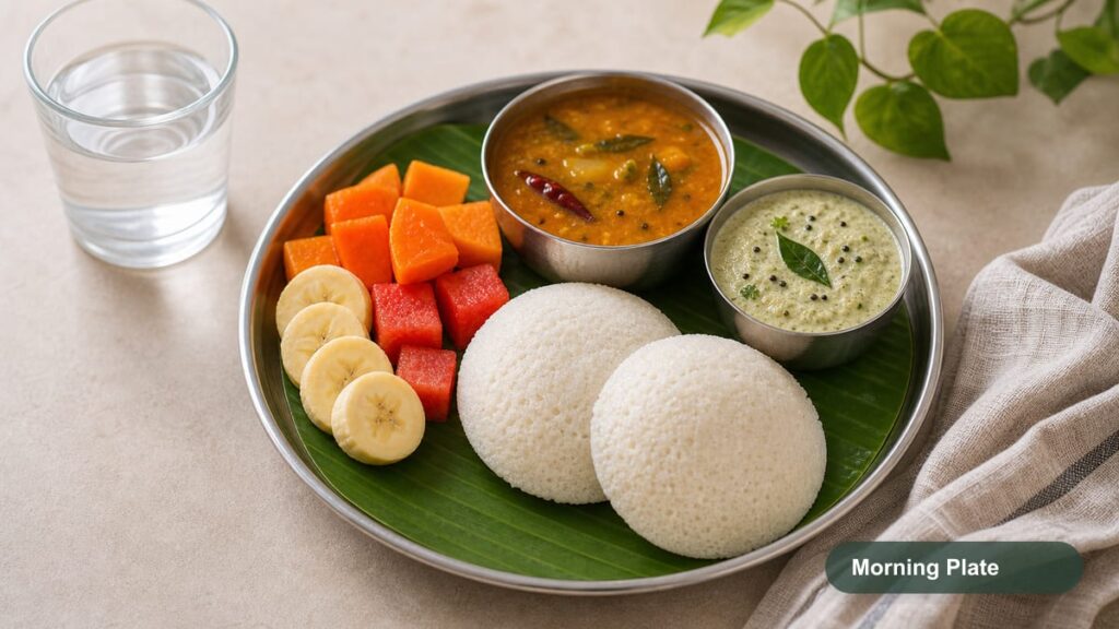 Balanced South Indian breakfast plate with idli, fruit, sambar, chutney, and water