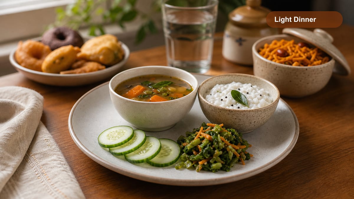 Light dinner plate with soup, rice, vegetables, and cucumber slices