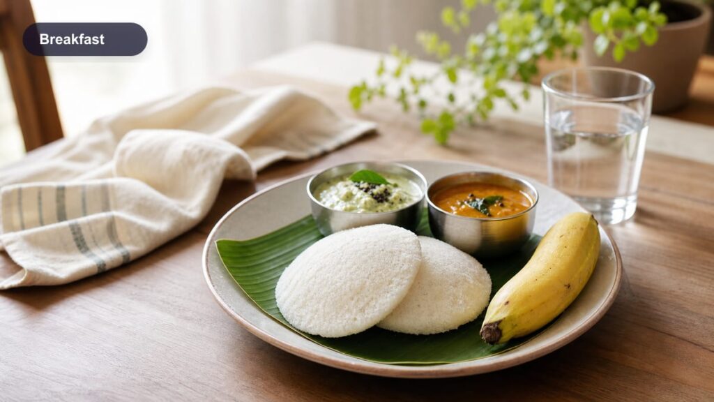 Idli, chutney, banana, and water arranged as a simple breakfast
