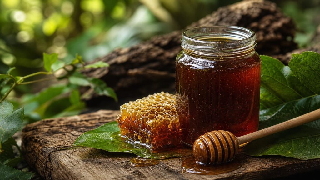 Dark forest honey jar with honeycomb on a natural wooden surface