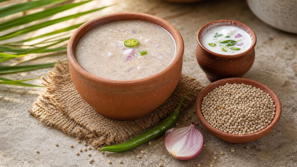 Clay pot of kambu koozh with onion, green chilli, and buttermilk