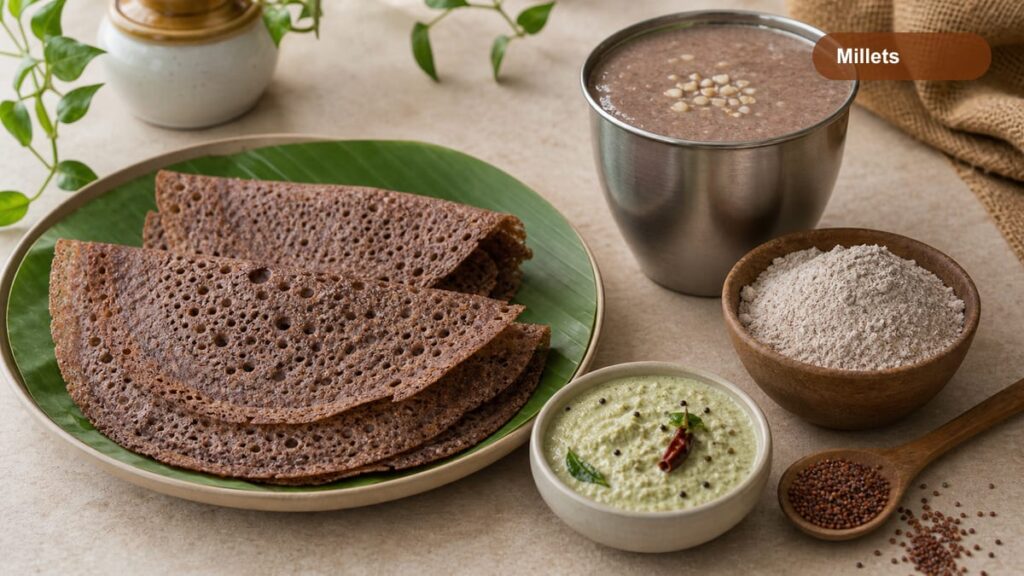 Ragi dosa with chutney and a cup of malt on a traditional plate