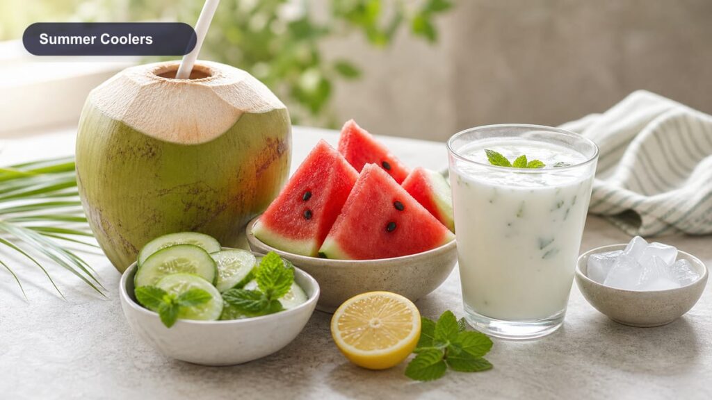 Tender coconut, watermelon, cucumber, lemon, and curd for summer cooling foods