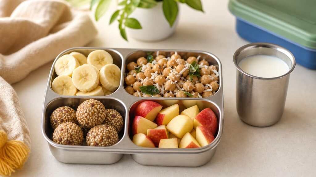 Children friendly snack box with fruit, millet balls, nuts, and milk