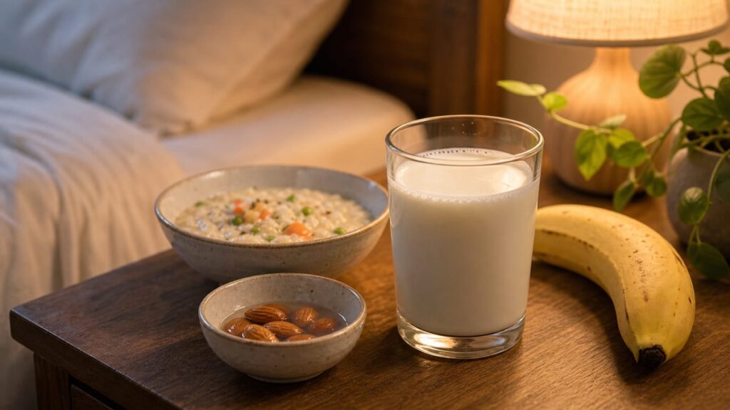 Warm milk, banana, nuts, and a bedside lamp for sleep friendly foods