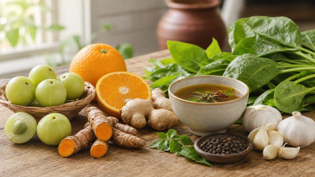Amla, citrus, garlic, turmeric, greens, and pepper on a kitchen table