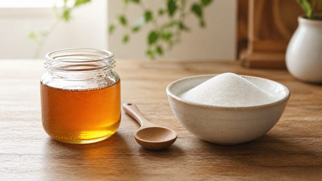 Honey jar beside a small bowl of sugar on a wooden table