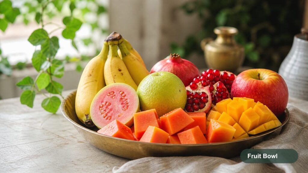 Colorful bowl of everyday fruits on a bright table