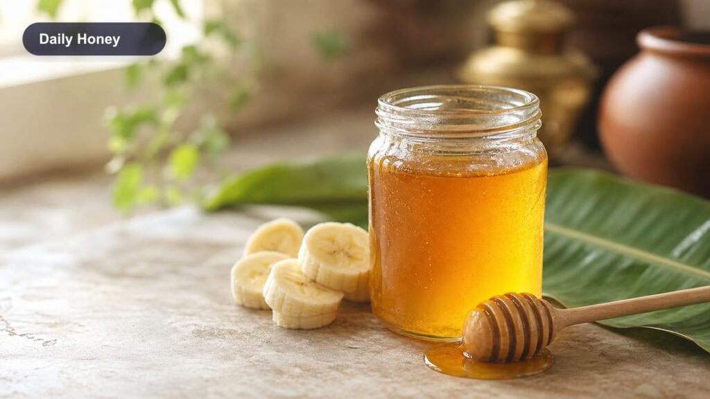 Honey jar, honeycomb, and banana slices for a daily honey habit article