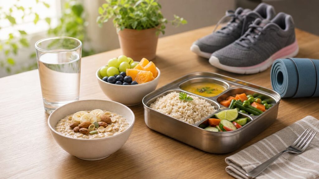 Water, fruit, lunch box, and walking shoes for daily health habits