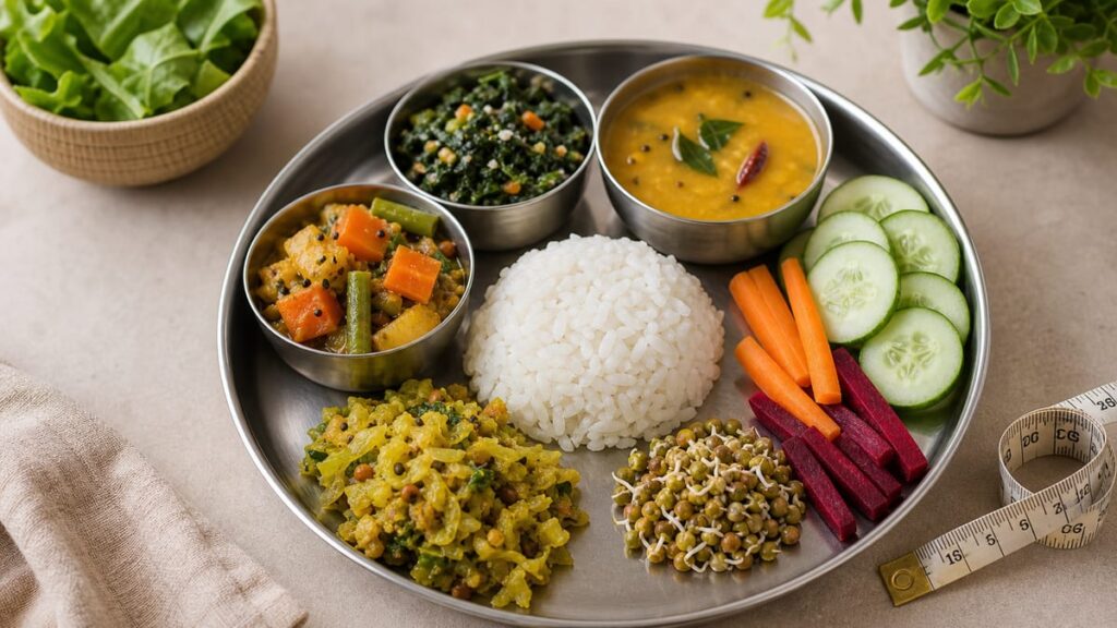 Balanced meal plate with vegetables, sprouts, rice, curd, and measuring tape