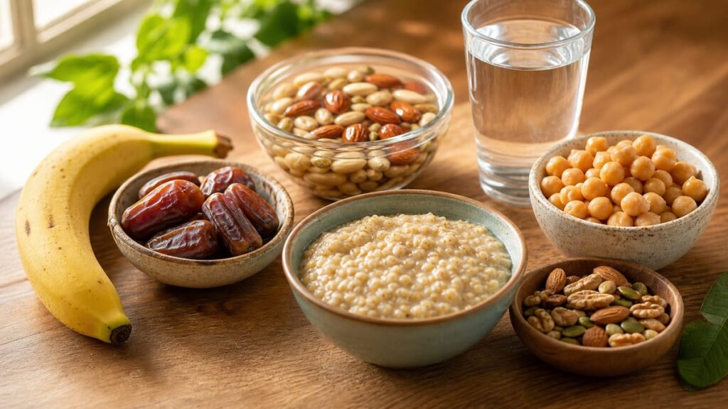 Banana, dates, nuts, chickpeas, and water for natural energy foods