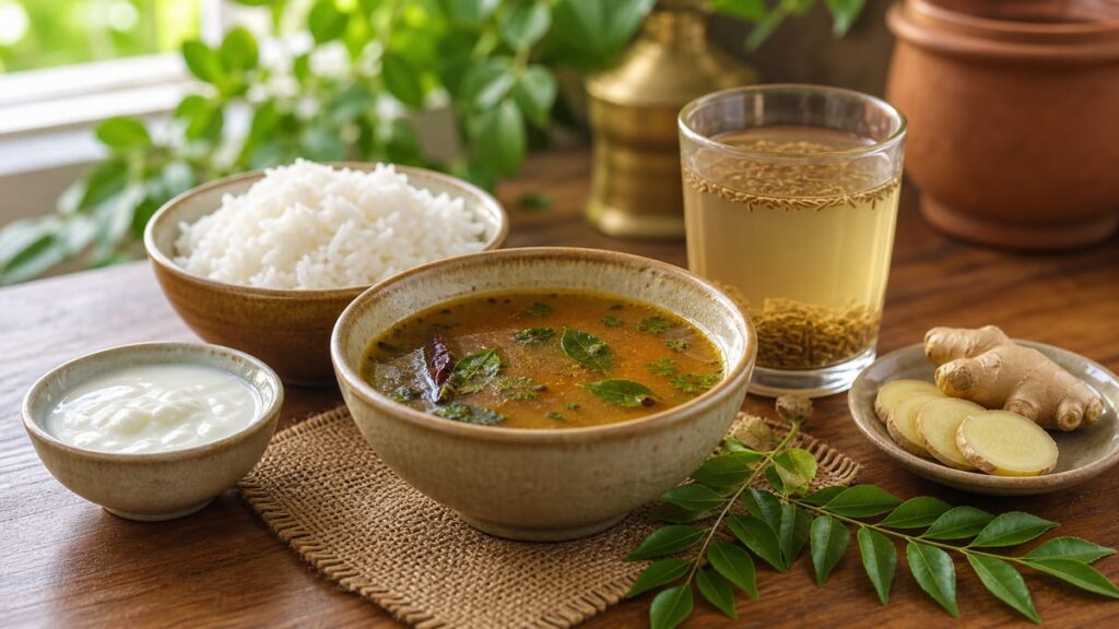 Curd, rasam, ginger, rice, and curry leaves for digestion friendly foods