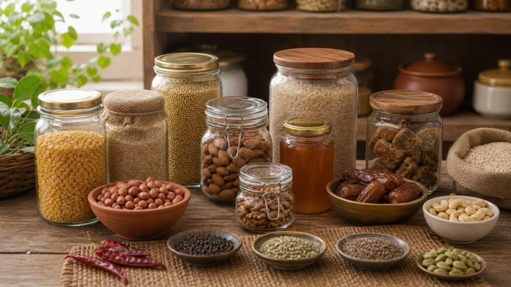 Pantry jars with lentils, millets, nuts, honey, and spices