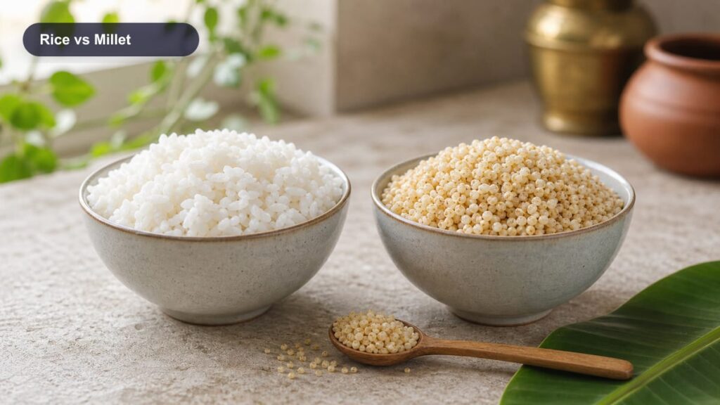 White rice and millet grains in two bowls for a food comparison
