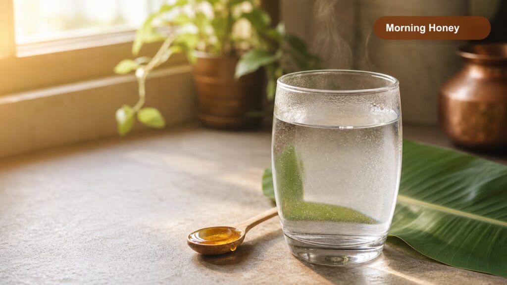 Glass of water and small spoon of honey in morning light